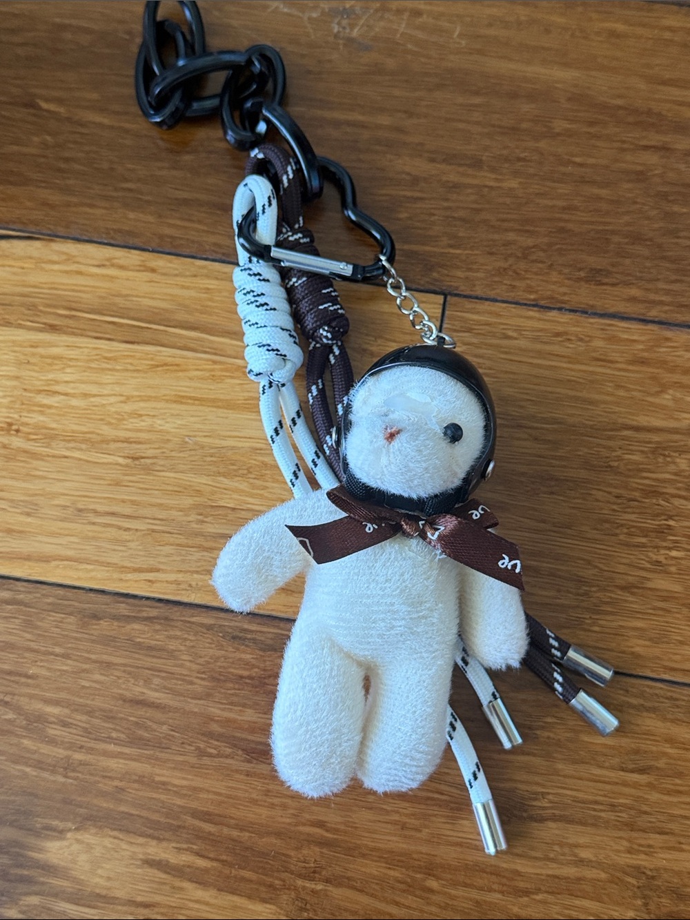 Plush White Bear Keychain with Brown Ribbon and Strap